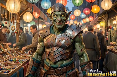 A grinning goblin man in metal armor stands in a crowded market