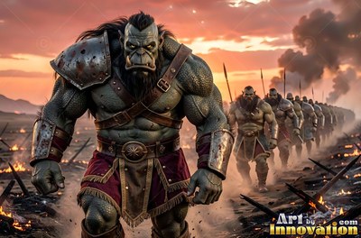 Iron shoulder armor sits on an orc man leading armed men across a smoky battlefield at sunset