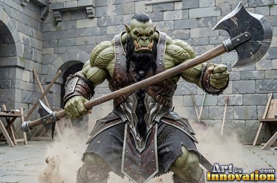 An orc man with green skin steps forward holding a heavy battleaxe under overcast gray light