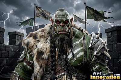 Facing forward on stone ramparts, a tusked orc man stands under lightning