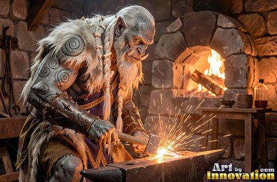 An elderly gray orc man hammers hot metal on an anvil in a warm forge workshop