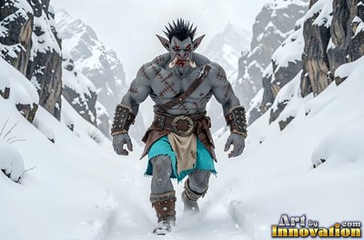 On a snowy mountain path, a gray-skinned orc man walks forward in a loincloth