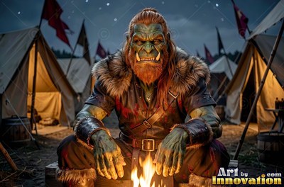 Sitting by a campfire, a green orc man with a red beard rests his hands on his knees