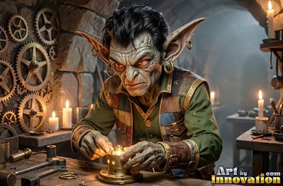 A goblin man works on small brass gears in a candlelit workshop