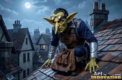 Round goggles sit on the forehead of a goblin man crouching across tile rooftops under a full moon