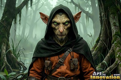 A hooded goblin man stands in a murky swamp, his eyes bright green