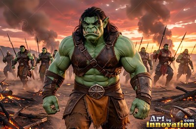 Standing front and center on a smoky battlefield, a green orc man leads his army
