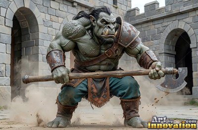 A muscular green-skinned orc man crouches with a heavy battleaxe inside a stone fortress courtyard