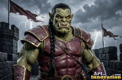 On a stormy rampart, an orc man stands in red leather armor