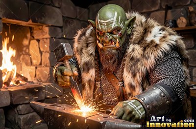 Working hot iron at an anvil, an orc man holds a hammer by a fire pit