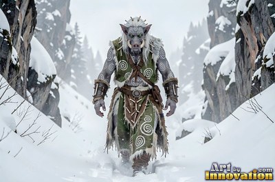 An orc man in green clothes walks through deep snow between cliffs