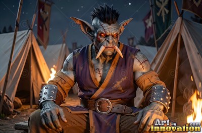 Long curved tusks mark this seated orc man in a purple vest resting in a camp at night