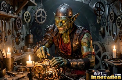 A grinning goblin man repairs brass clockwork by warm candlelight in a dark workshop
