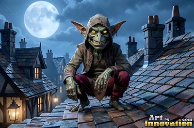 Crouched on a tiled roof, a grinning goblin man perches under a full moon