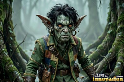 A wrinkly goblin man with hoop earrings stands in a misty swamp in a green jacket