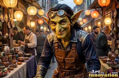 In a lantern-lit market, a grinning goblin man wears goggles and a leather apron