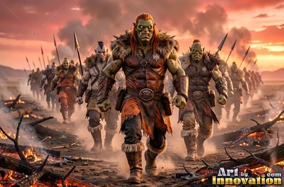 Marching through burning ash, green orc men in leather armor advance at sunset