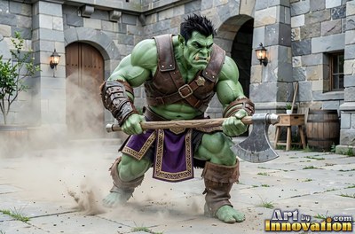 Green orc man crouches with a broad axe in a stone courtyard