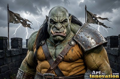 A scarred orc man in metal shoulder armor stands on stone ramparts under lightning