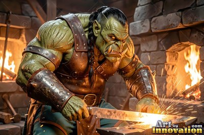 An orc man with green skin works a steel blade at an anvil beside warm orange firelight