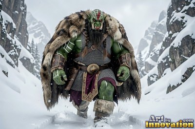 Walking forward through a snowy mountain pass, an orc man wears a fur cloak