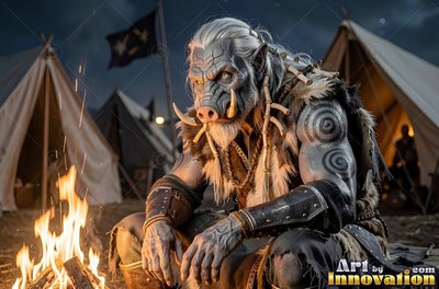 A gray orc man with wild boar tusks sits by a campfire in a tent camp