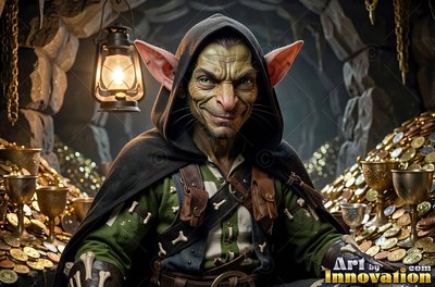 In a stone cave of gold coins, a grinning goblin man sits by a lantern