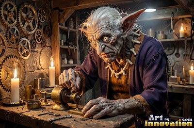 Tinkering with small brass parts, an old goblin man works in a candlelit workshop