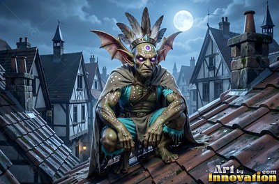 Goblin man crouching on a tiled roof under the moon