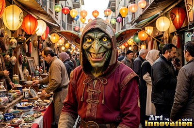 A red hooded tunic clothes a grinning goblin man on a crowded street hung with lanterns