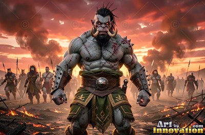 A muscular orc man stands before an army in the smoky orange sunset light