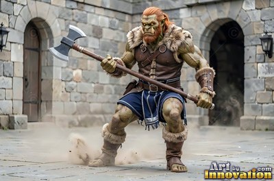 Crouched low in a stone courtyard, a muscular orc man grips a heavy battle ax
