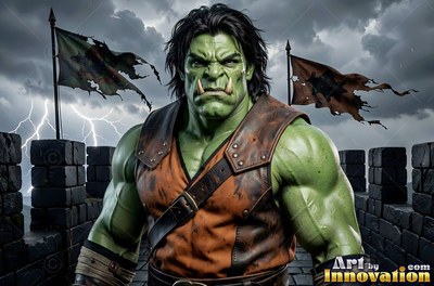 A muscular green-skinned orc man stands on stone ramparts beneath storm lightning