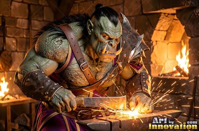 In a stone forge, a muscular green-skinned orc man shapes hot metal on an anvil