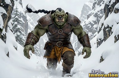 Trudging through deep snow, a green-skinned orc man in brown armor walks between mountains