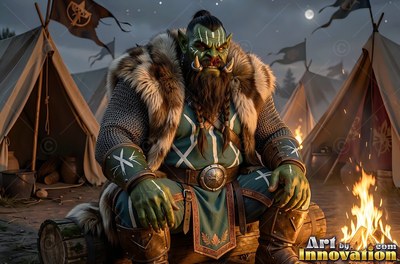 An orc man in fur sitting by a fire at camp