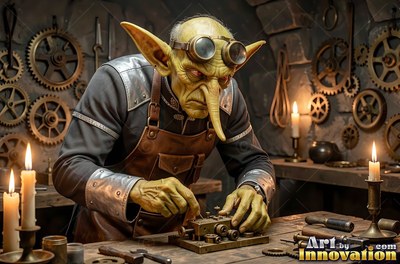 Wearing round goggles, an elderly goblin man works at a bench by candlelight