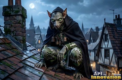 A goblin man crouches on a tiled roof under a pale blue moonlit sky