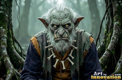 Facing forward in a murky swamp, a goblin man with green skin wears a bone necklace