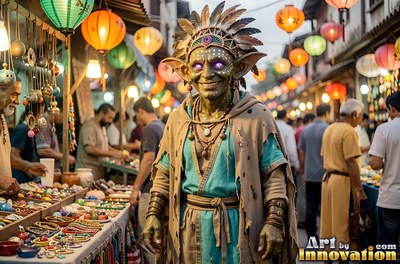 A smiling goblin man in a feathered headdress stands in a lantern-lit street market