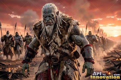 On a smoky battlefield, a tusked orc man in fur leads an army at dusk