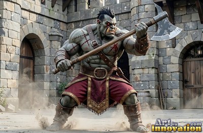 Gripping a heavy battle axe, a gray orc man crouches in a stone courtyard