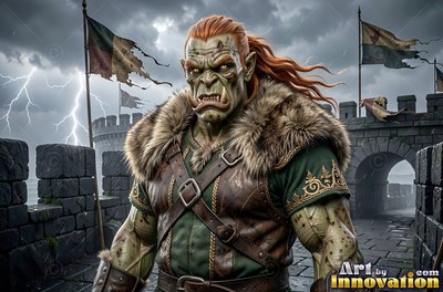 An orc man in fur and leather stands on a stormy stone rampart