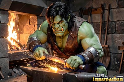 Wearing a brown leather vest inside a stone forge, a green-skinned orc man shapes hot metal on an anvil