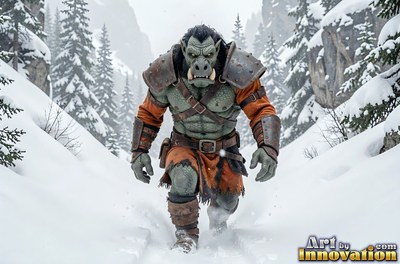 A tusked orc man marches forward through deep snow under cold white light