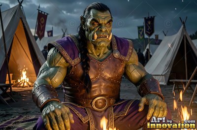 Seated front and center in a tent camp, a tusked orc man rests by a fire