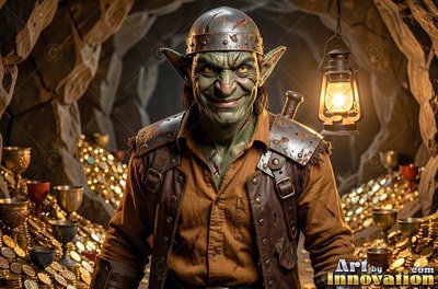 A grinning green-skinned goblin man in a cave of gold coins by a lantern