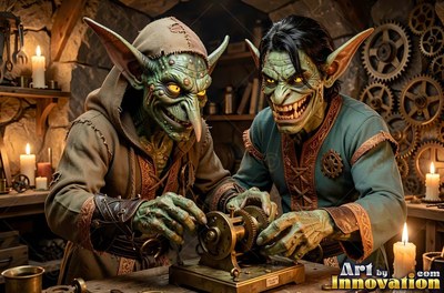 In a workshop, two green goblin men tinker with brass gears by candlelight