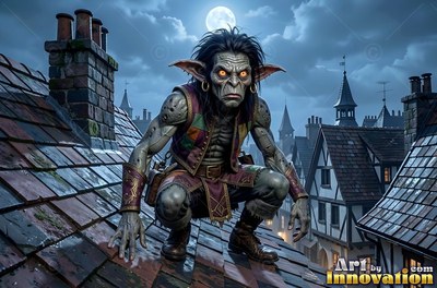 Crouching on a slate rooftop, a goblin man in a patched vest stares ahead under the moon
