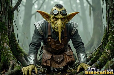 A green-skinned goblin man crouches in a misty forest wearing goggles